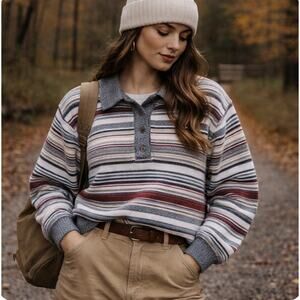 Vtg Eddie Bauer Sz XXL Tall Autumn Striped LS Button Pullover Ctn Blend Sweater
